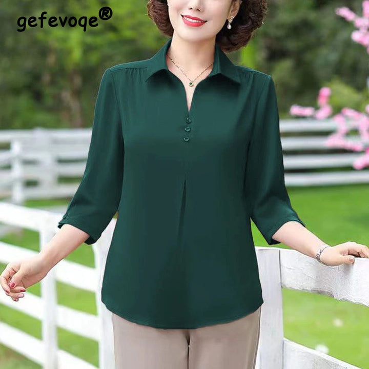 Summer Fashion Oversized Polo-neck Solid Color Shirt Ladies Half Sleeve