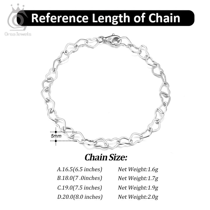 ORSA JEWELS 925 Sterling Silver Elegant Heart Link Chain Bracelet