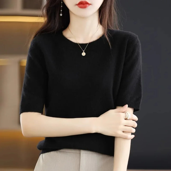 Spring Autumn Women Sweaters Short Sleeves O-neck Bottoming Shirts