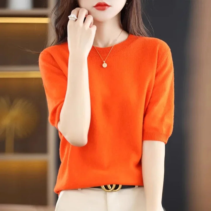 Spring Autumn Women Sweaters Short Sleeves O-neck Bottoming Shirts