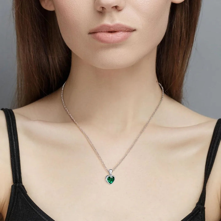 925 Sterling Silver Emerald Heart Necklace Green Pendant Necklace