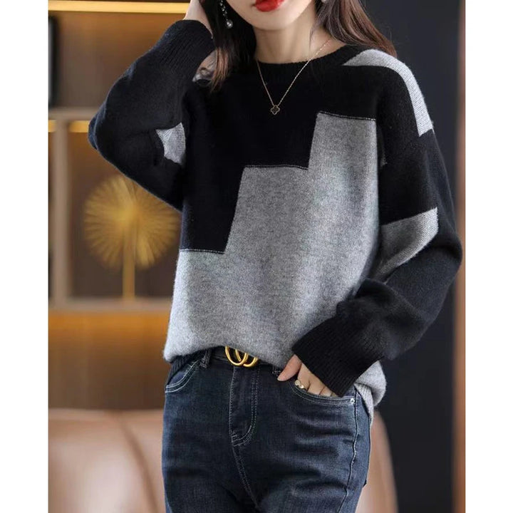 Autumn Winter Contrast Color Pullover Sweater Lady Loose Casual Fashion