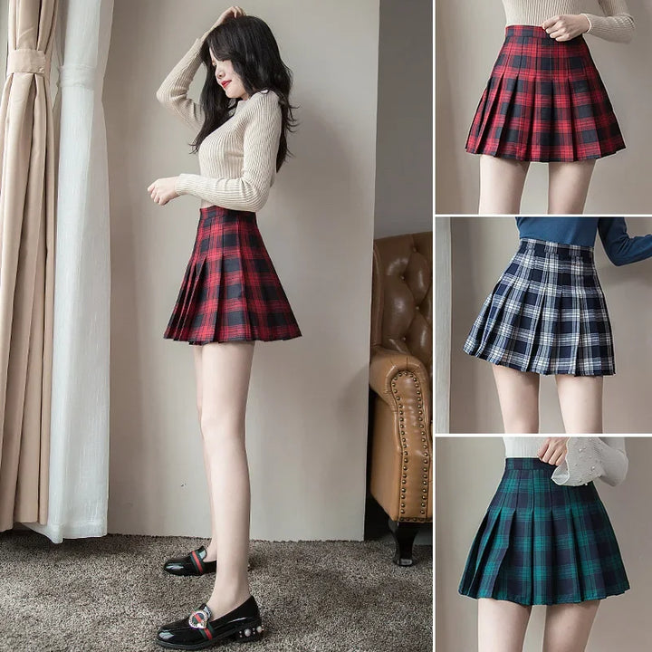 Mini High Waist Pleated Skirts Plaid Sweet Women Harajuku A-line Sailor