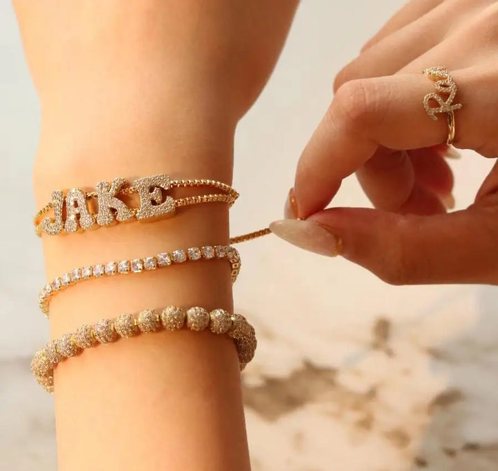 DOREMI Fat Bubble Slide Initial Letters Bracelet Full Crystal Letters