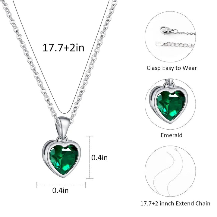 925 Sterling Silver Emerald Heart Necklace Green Pendant Necklace