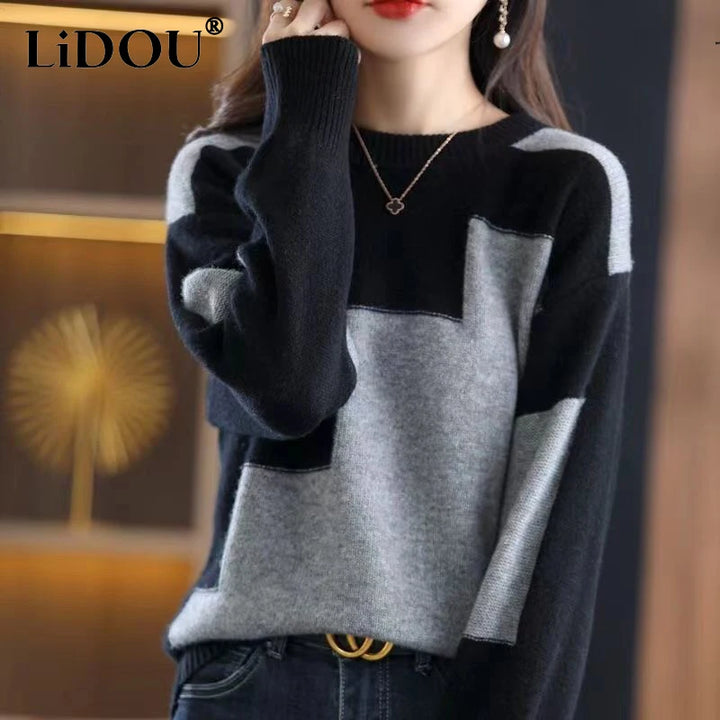 Autumn Winter Contrast Color Pullover Sweater Lady Loose Casual Fashion